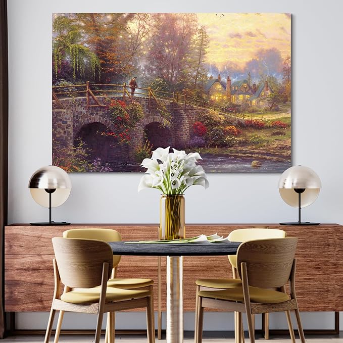 STUDIO HAVEN Thomas Kinkade Canvas Wall Art, Flower-Covered Bridge Glowing Cottages Figure and River Ducks Oil Painting Poster Rustic Wall Decor, Framed Prints for Home Decor, 16x12Inch