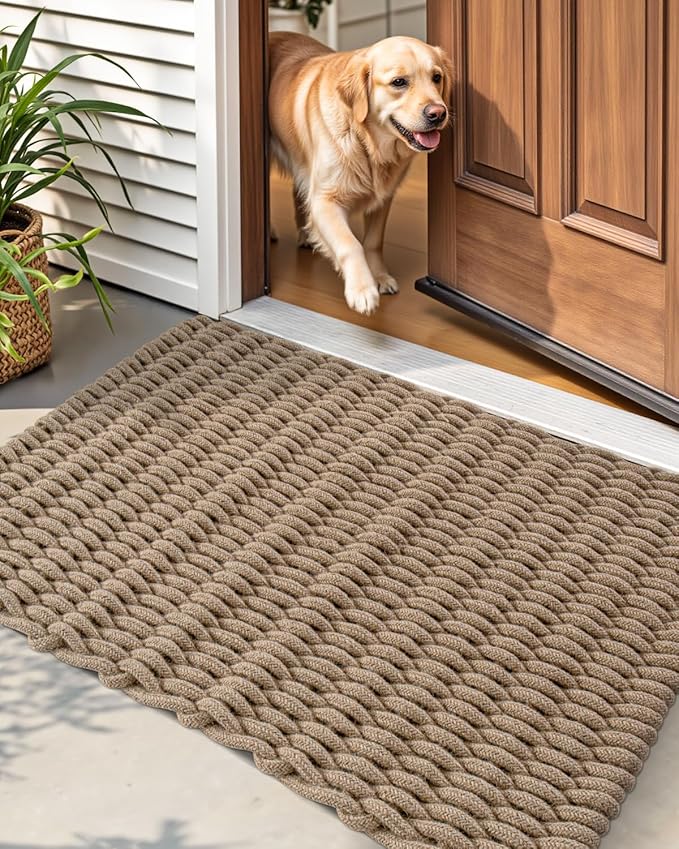 DEXI Jute Door Mat for Front Entryway, 24x35 Braided Woven Doormat Outside Entrance, Dirt Trapper Natural Fiber Entry Mats for Patio, Brown