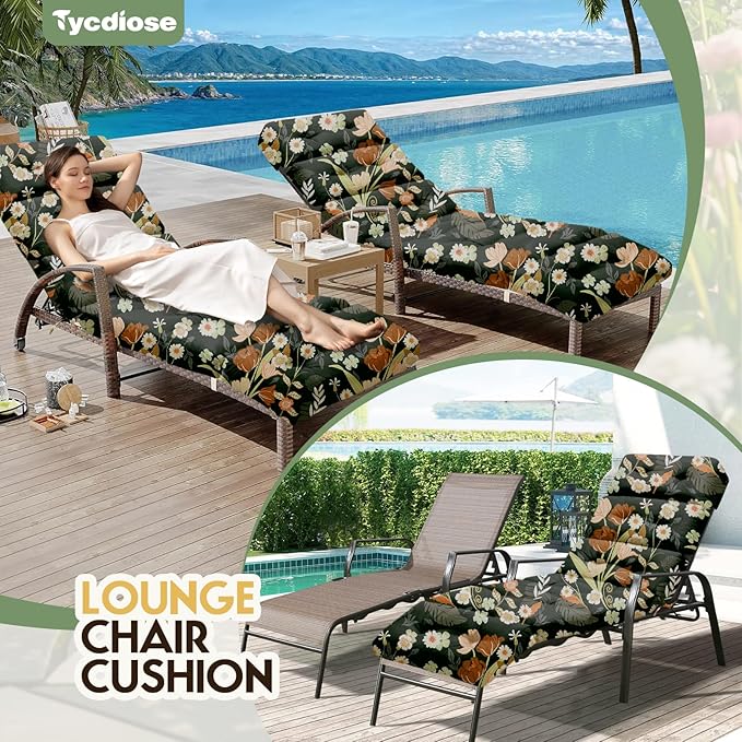 All Weather Chaise Lounge Cushions Outdoor Lounge Chair Cushion, Waterproof Memory Foam Chaise Lounger Chair Cushion for Outdoor Patio Furniture with Non-Slip Back and Ties, Green Floral