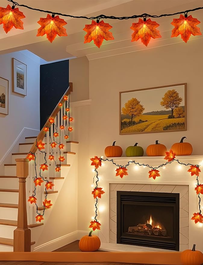 Thanksgiving Orange Maple Leaf Lights, 13.6FT Orange Fall Leaves String Lights, Waterproof Connectable Outdoor Patio String Lights for Indoor Home Outdoor Fall Decor Halloween Decorations