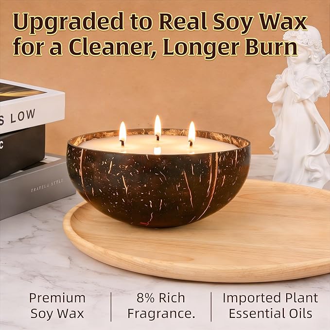 Viyffo Large Citronella Candles Outdoor, 3 Wick 18oz Citronella Candle Indoor, Non Toxic Soy Scented Candle, Natural Coconut Shell Jar for Patio, Deck, Garden, Backyard & Camping, Home Décor & Gift