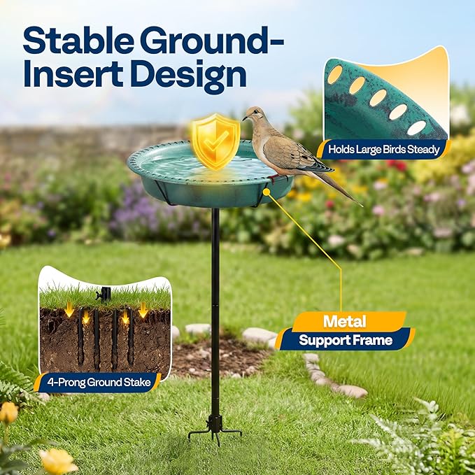 VIVOHOME Oval Bird Bath for Outside, Outdoor Birdbath Bowl with Metal Ground Stake, Weather-Resistant ABS Bird Bath and Feeder for Garden, 1.3 Gallons, Green