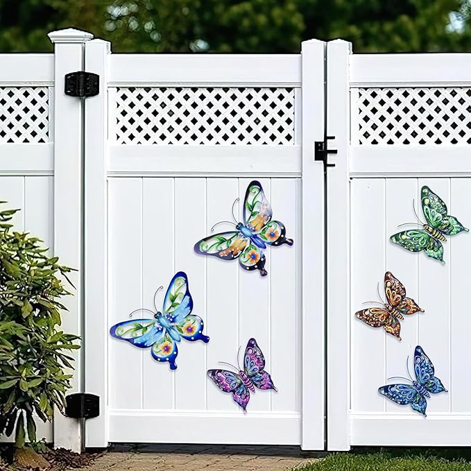 SUNREEK 6Pcs Metal Butterfly Wall Decor, 14Inch/7Inch Outdoor Butterfly Wall Art for Fence Garden Yard Room Patio Balcony Decorations
