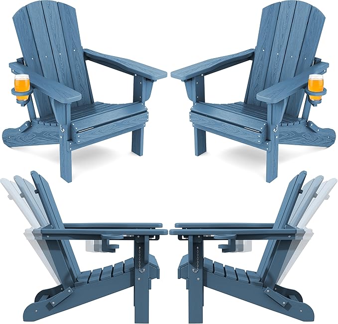 SERWALL Folding Adirondack Chair Set of 4, Adjustable Adirondack Chair with 3 Recline Positions, All Weather HDPE Outdoor Adirondack with Cup Holders, Blue