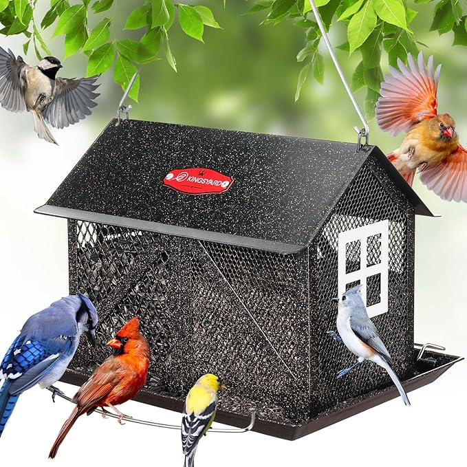 Kingsyard Metal Bird Feeder for Outdoors Hanging, 2-in-1 Wild Bird Feeder with Seed Tray & Built-in Perch, 5 lb Large Capacity for Cardinal Chickadee Finch, Black