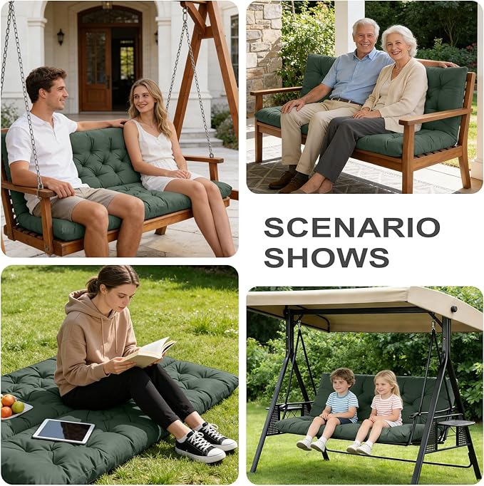 Porch Swing Cushions,Outdoor Cushions 3 Seater Replacement with Backrest, Waterproof Thickened Bench Cushion with Ties for Porch, Patio,Outdoor, Backyard and Garden (Dark Green 47 * 40 in)