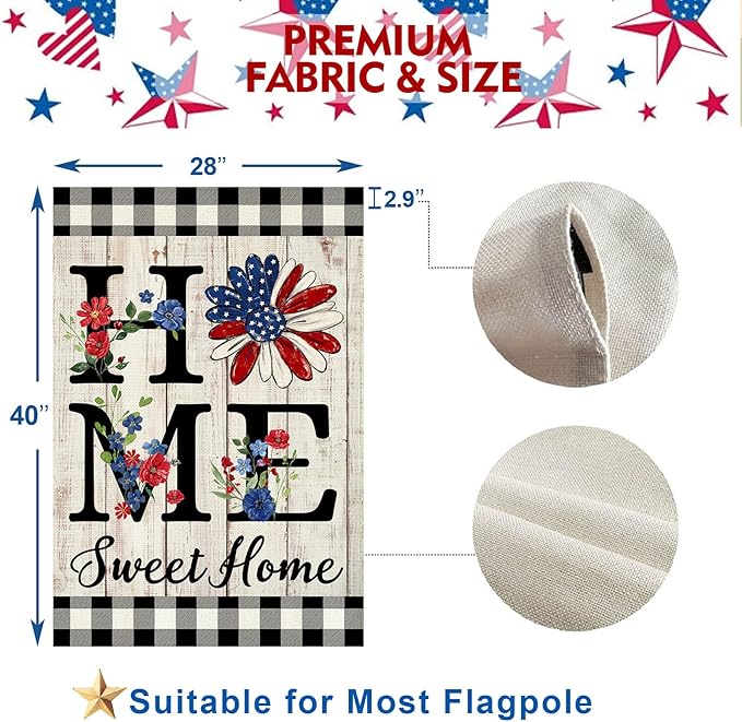 ORTIGIA Memorial Day Patrioctic House Flag Burlap Vertical Double Sided 4th of July Independence Day Home Sweet Home Large House Flag Yard Outside Outdoor Decor 28x40 Inch