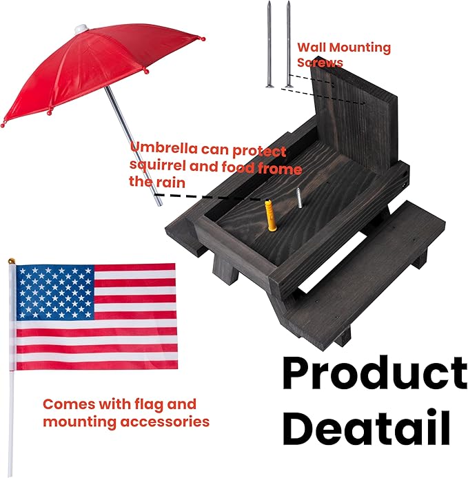 Squirrel Feeder Picnic Table, Squirrel Feeders for Outside with Umbrella and Flag, Black Wood Squirrel Feeder with Corn Cob Holder Cute Chipmunk Feeder for Yard and Porch Decoration