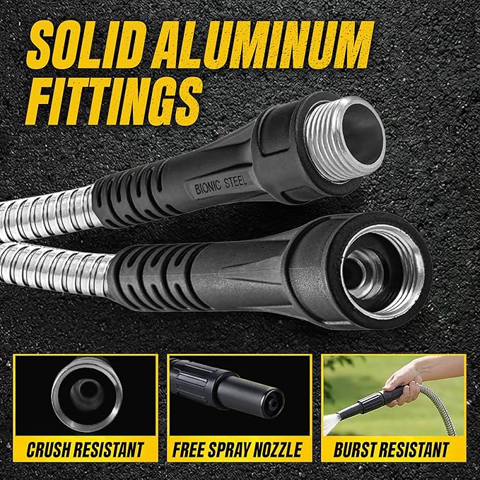 Bionic Steel 25 Ft Metal Garden Hose with Nozzle, 25Ft x 5/8 In. Premium 304 Stainless Steel Metal Water Hose, Flexible Non Kinking, Lightweight, Heavy Duty, for Yard, Outdoor