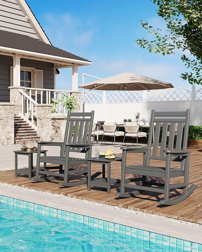 HDPE Rocking Chair Outdoor Set of 4 with 2 Side Table - Poly High Back Porch Rocker Chairs for Adults - All Weather Resistant Furniture for Patio Front Porch - Gray