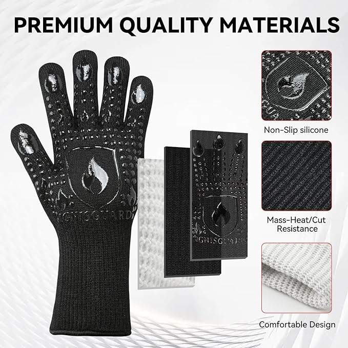 BBQ & Grill Gloves, Oven Gloves, 1472°F Silicone Oven Mitts Heat Resistant Grilling Gloves Fireproof Non-Slip for Barbecue Cooking Baking Smoking, 1-Pair Black（M）