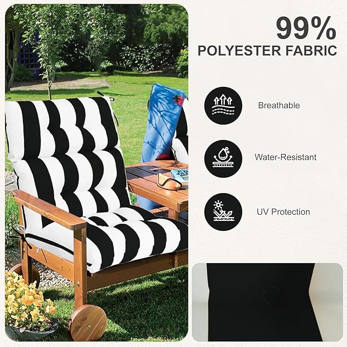 Outdoor High Back Chair Cushions 2-Pack, 44"x22"x 4" Fade-Resistant Waterproof Tufted Pads with Ties for Patio Rocking & Adirondack Chairs (Black White)