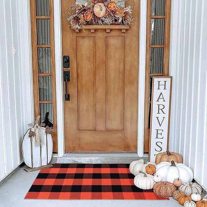 Halloween Door Mat Orange Buffalo Plaid Outdoor Rug Cotton Hand-Woven Buffalo Check Rug Layered Doormats for Front Door/Front Porch/Farmhouse/Entryway/Patio