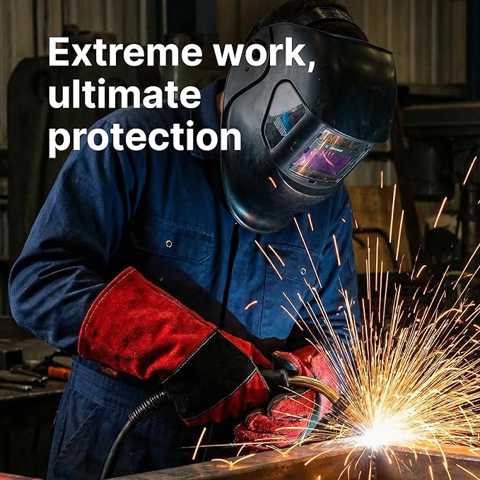 Grill Armor Welding Gloves – 16-Inch EN407 Leather Forge, MIG & Stick Welding Gloves – 932°F Heat & Fire Resistant – Red