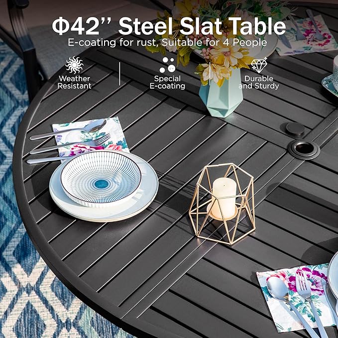 PHI VILLA 5 Pieces Outdoor Round Dining Set for 4, 42" Metal Wrought Iron Table with Umbrella Hole & Swivel Chairs with Cushions, Modern Patio Furniture Set for Deck, Yard, Porch