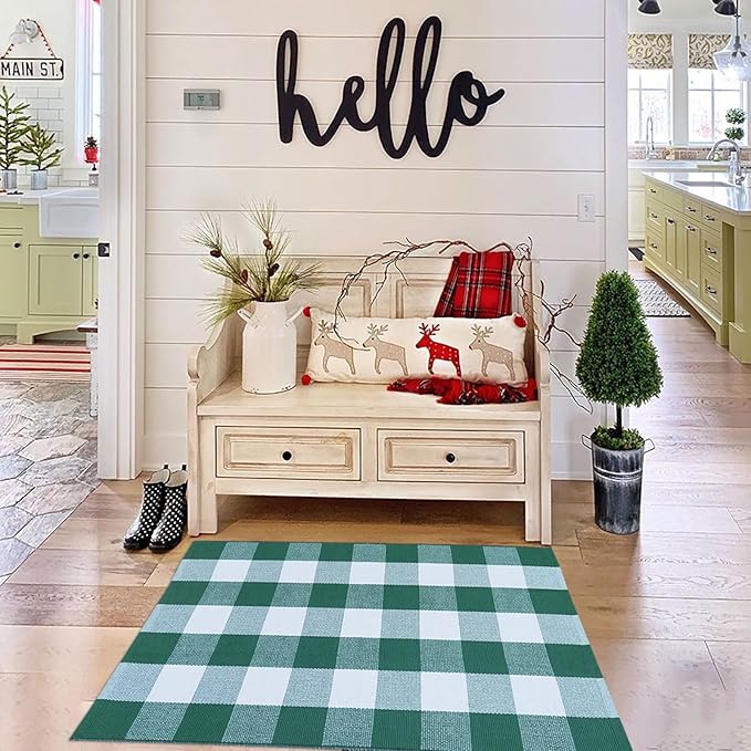 CAINANEL Green and White Buffalo Plaid Outdoor Rug Spring Door Mat Layering Rug Welcome Doormats for Spring Easter Farmhouse Entrance Porch Outdoors Decor