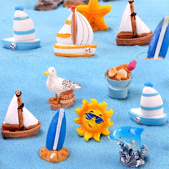 10 PCS Miniature Beach Figurines - Mini Shell Dolphin Starfish Sailboat Decorations, Ocean Diorama Supplies, Cake Topper