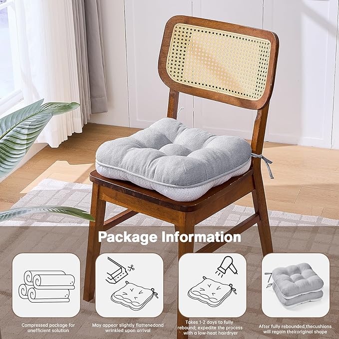 BETU Chair Cushions for Dining Chairs Set of 2,3.5" Thick Kitchen Table Chair Pads with Ties,Non Slip Backing and Covers, Seat Cushion for Dining Room,Bar,Patio Chairs,16"X16"X3.5",Light Grey