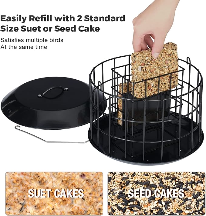 Kingsyard Squirrel Proof Suet Feeder, Cage Bird Feeders for Outdoors Hanging, All Metal, Double Suet Cake Capacity, Tray & Weatherproof, Black