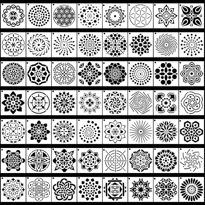 Augshy Mandala Stencils, 56 Pack Mandala Dot Painting Stencils for DIY Rock Art Projects on Wood Furniture Decoration (3.6x3.6 inch)