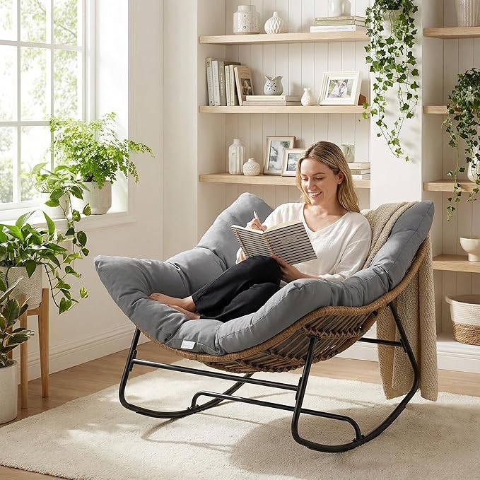 COSIEST Oversized Papasan Rocking Chair with Extra Thick Cushion - 45 in Rattan Wicker Egg Chair for Indoor/Outdoor Use, Swivel Lounge Chair for Patio, Living Room, Bedroom, Grey