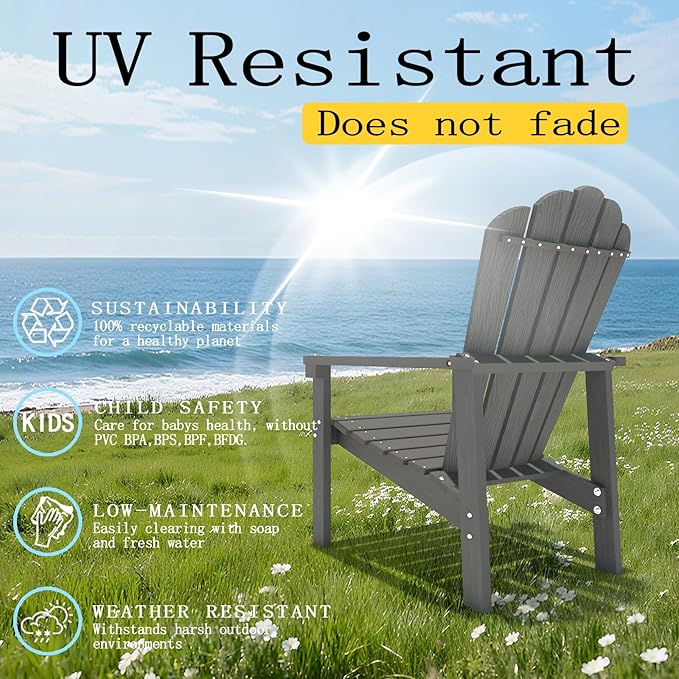 Stackable Adirondack Chair Set of 4, HDPE All-Weather Adirondack Chairs - Durable and Space Saving, Plastic Outdoor Fire Pit Chairs with Cup Holder,Grey