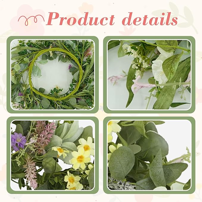 YNYLCHMX 18" Spring Summer Wreaths for Front Door, Artificial Floral Wreath with Multi-Colored Flower & Green Eucalyptus Leaves, Green Foliage Wreath for Wall Window Farmhouse Party Holiday Home Decor