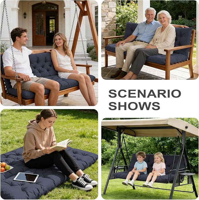 Porch Swing Cushions,Outdoor Cushions 3 Seater Replacement with Backrest, Waterproof Thickened Bench Cushion with Ties for Porch, Patio,Outdoor, Backyard and Garden (Navy Blue 47 * 40 in)