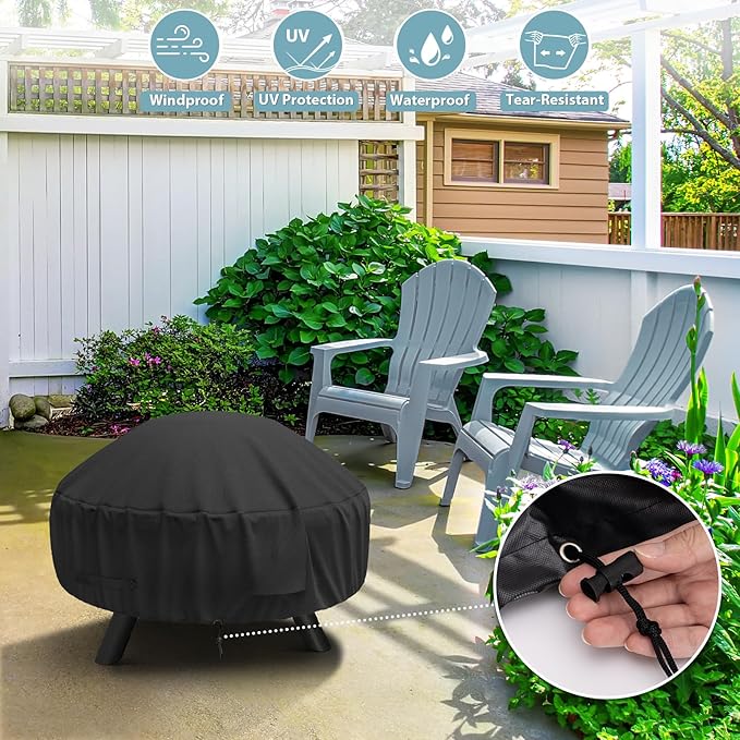 SHINESTAR Round Fire Pit Cover for 22-32 Inch Fire Pit - Waterproof and Windproof, with Straps and Built-in Vents, 32 Dia x 13.5 H, Black