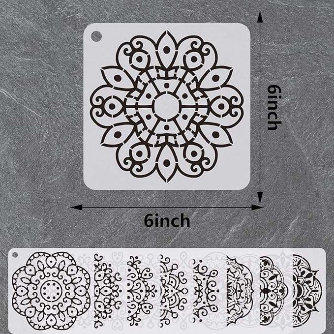 YKW 9 Pack Geometric Flower Mandala Stencils for Painting on Wood, Canvas, Wall & Furniture - 6x6 Inch Laser Cut Reusable Templates for DIY Home Decor, Floors & Tiles