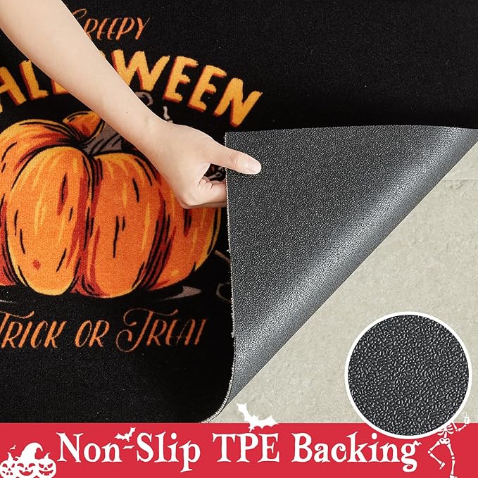 Pumpkin Front Door Mat Indoor Outside Entrance, Heavy Duty Dirt Trapper Doormat with Non Slip Backing Entryway Mat for Front Back Door, 17'' x 30'', Pumpkin Black