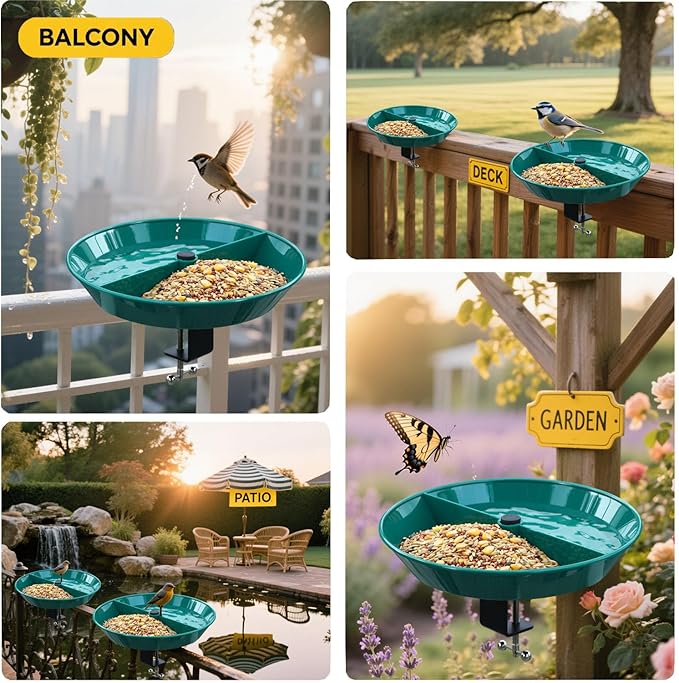Deck Bird Bath for Outdoors,12" Bird Baths with Adjustable Sturdy Metal Clamp for Deck Railing Balcony Yard Garden Decoration,Lightweight, Detachable