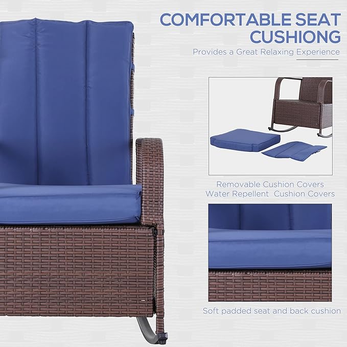 Outsunny Wicker Outdoor Rocking Chair, Patio Recliner with Adjustment Backrest, PE Rattan Lounge Chair with Adjustable Footrest and Cushions for Garden, Backyard, Porch, Blue