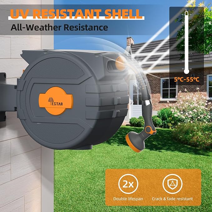Retractable Garden Hose Reel 1/2 in x65 ft, Garden Water Hose Reel with 10- Function Sprayer Nozzle, Any Length Lock/Automatic Slow Return System,180° Swivel Bracket