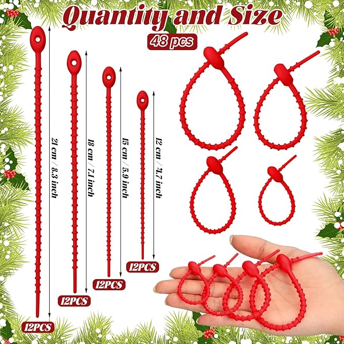 48 Pcs Red Christmas Flexible Garland Ties Assorted Size Adjustable Decorative Soft Ties Reusable Banister Garland Straps for Christmas Tree Mantel Fences Holiday Craft Wrapping