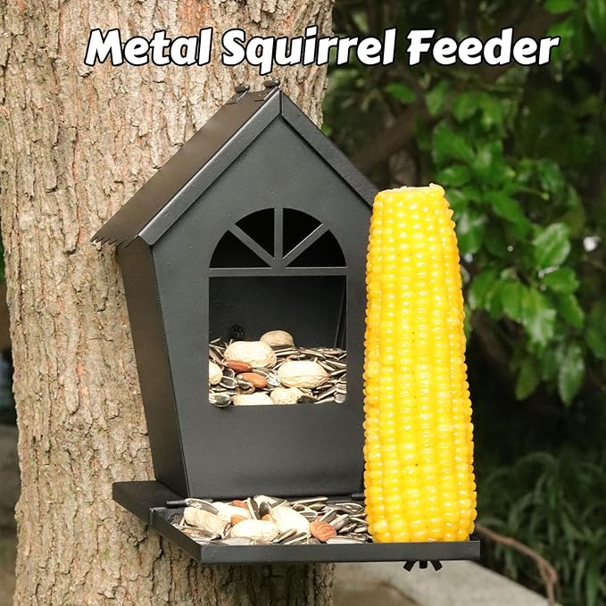 Squirrel Feeders for Outside，Squirrel Feeder with Foldable Metal Front Panel Perch Funny Metal Chipmunk House Hanging Tree Boxes Easy to Refill