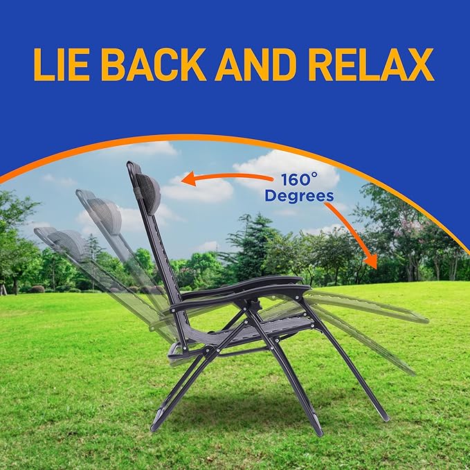 SereneLife Zero Gravity Lounge Chairs Set of 2, Adjustable Outdoor Recliner Chairs with Lockable Positions, Side Table Cup Holders, Padded Headrest Pillows, Foldable Steel Frame Patio Chairs (Gray)