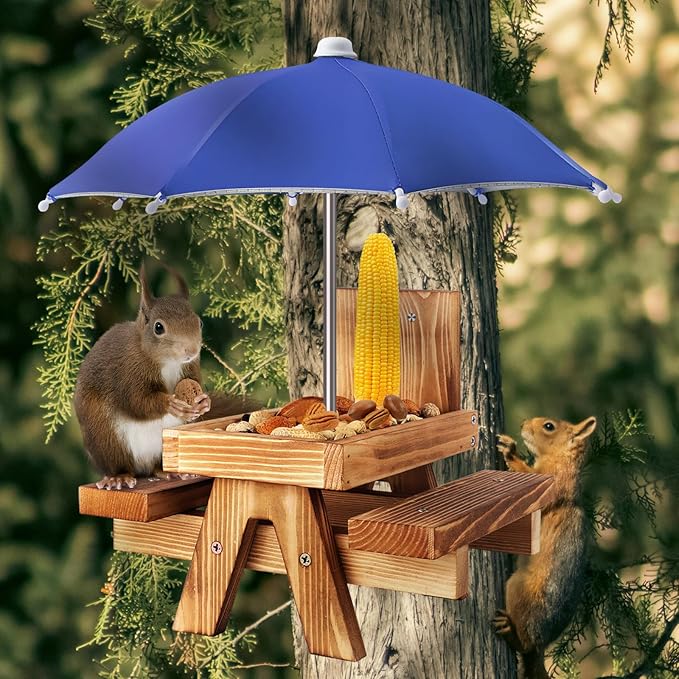 Gnodary Squirrel Feeder with Umbrella, Squirrel Feeders for Outside, Squirrel Picnic Table Feeder - Chipmunk Feeder Hold Corn, Corn Cob, Peanuts (Blue)