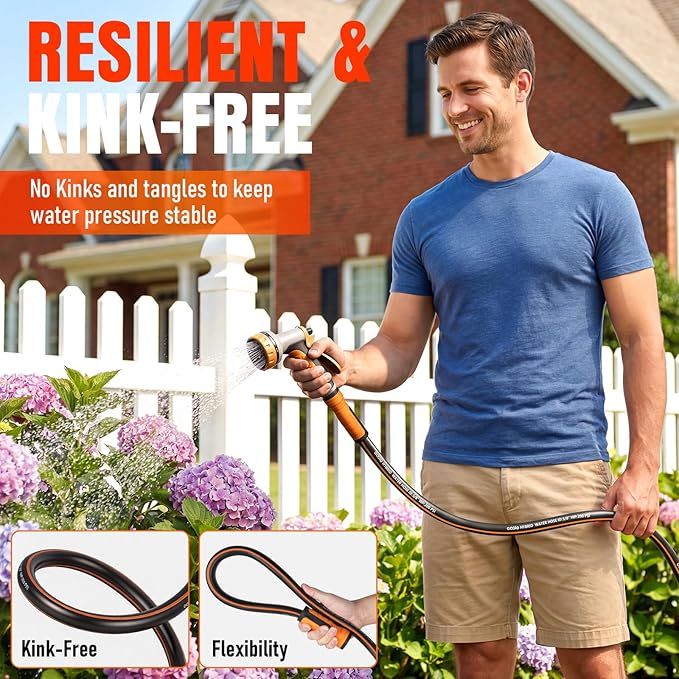Garden Hose 100 ft x 5/8", Heavy Duty Water Hose, Flexible and Durable, Kink Resistant Lightweight Hybrid Hose, Leakproof Yard Hose with Male to Female Fittings
