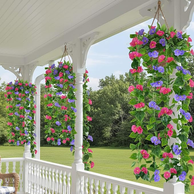 GTIDEA 4Pcs Fake Vines 30Feet Artificial Hanging Morning Glory Flower Garland Mixed Color Faux Vines for Outdoors for Wall Fence Indoor Wedding Decor