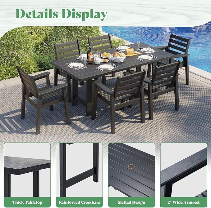 AMERLIFE 7-Piece HDPE Outdoor Dining Set with Umbrella Hole, 71" L Patio Table and Chairs Set for 6, Modern Garden Dining Set for Backyard, Poolside, Porch, Black