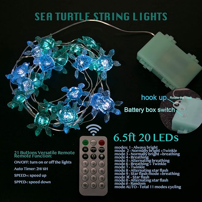 Blue Sea Turtle String Lights Battery Powered Summer Beach Decor with Remote Acrylic Sea Turtle Decor for Bathroom Shower Curtain