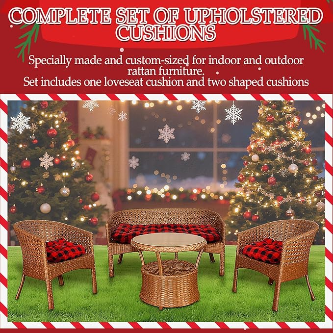 Barydat 3 Pack Wicker Furniture Cushions Waterproof Outdoor/Indoor Tufted Wicker Chair Cushions 1 Loveseat and 2 U-Shape Rattan Chairs for Patio Furniture, Rattan Love Seat, Bench(Red Plaid)