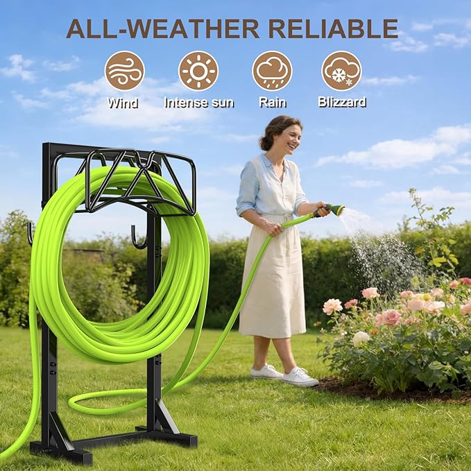 Heavy Duty Freestanding Hose Stand, Garden Water Hose Holder Rack with Tool Hooks, 4 Anchoring Spikes, Holds 150 ft for Lawn & Yard