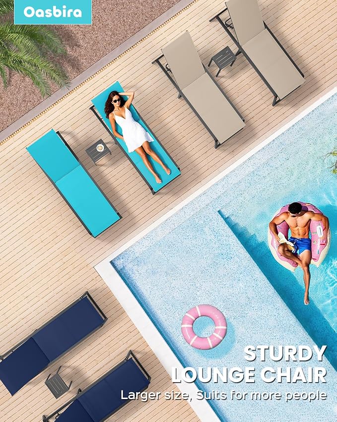 Aluminum Chaise Lounge Chair Outdoor, Foldable & Assembly Free Patio Pool Lounge Chairs 5-Position Recliner for Outside Poolside, Fully Grounded Legs Sun Lounger for Beach, Yard, Lake Blue