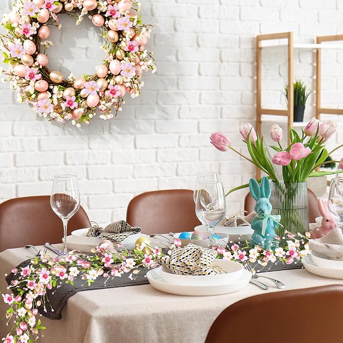 6 Ft Artificial Easter Garland Easter Pink Egg Flower Berry Garland Decorations Spring Flower Garlands with Pastel Eggs and Mixed Twigs for Fireplace Mantel Indoor Outdoor Home Party Door Wall Decor