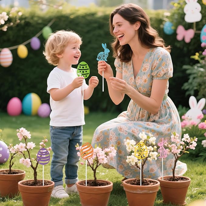 Metal Easter Day Planter Stakes - 6 Pcs Cute Bunny Yard Sign Easter Egg Cut-Out Decorative Garden Stake for Planter Outdoor Backyard Pathway Lawn Plant Flower Pots Decor Spring Party Supply