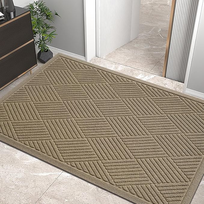 Sturdy Front Door Mat, Absorbent Muddy Dirt Resist Welcome Door Mats Outdoor Indoor, Stain and Fade Resistant, Non-Slip Rubber Backing Low Profile Doormat for Entryway, 47×32, Beige