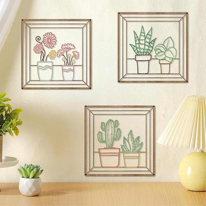 DUOOLN Metal Flowers Wall Art Decor,3Pcs Minimalism Flower in Vase Hanging Iron Hanging Picture, Modern Plant Potted Wall Sculpture Sign,Home Bedroom Bathroom Outdoor Indoor Kitchen Decoration-Color 2