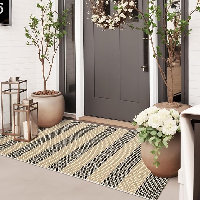 Striped Outdoor Front Door Mat 24"x51", Cotton Hand Woven Rug Indoor Doormat Washable Black and Tan Rug Runner, Foldable Front Door Rugs for Entryway/Farmhouse/Home Entrance